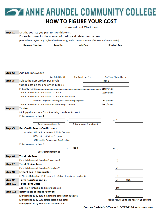 How To Figure Your Cost Worksheet Anne Arundel Community College